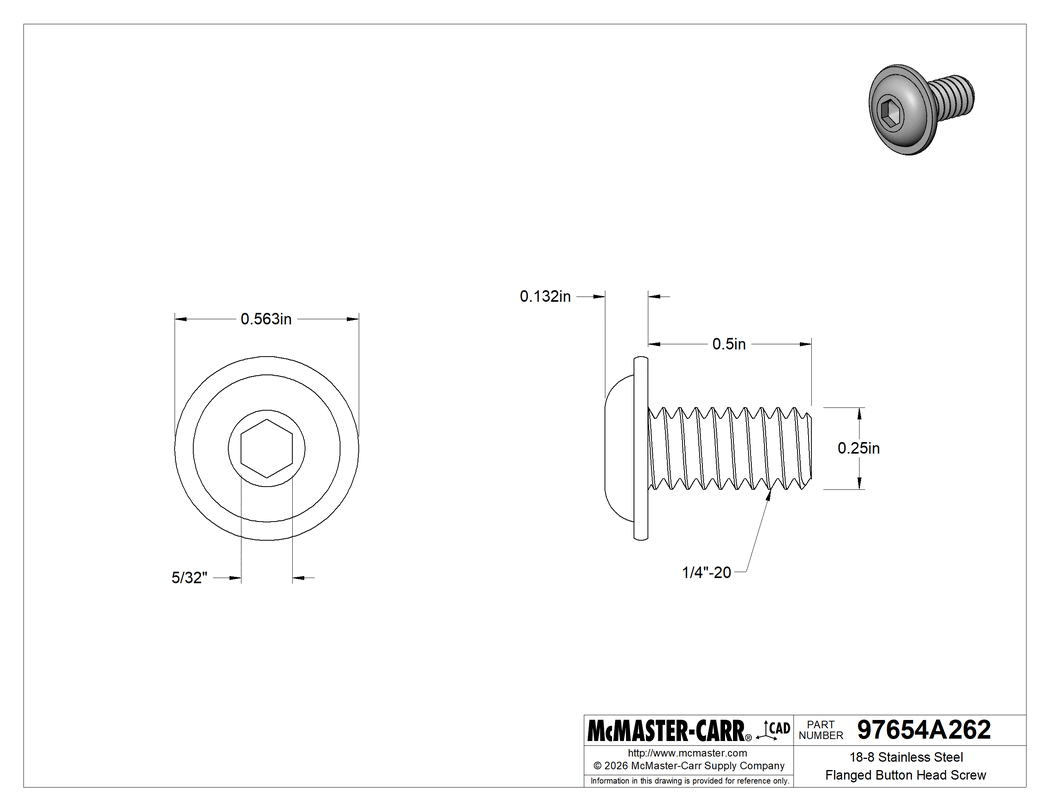 Technical Drawing of 18-8 Stainless Steel Flanged Button Head Screw, 1/4"-20 Thread, 1/2" Long.